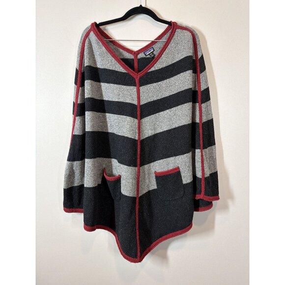 Patagonia Sweaters - Patagonia Loislee Black Gray Red Striped Poncho Sweater Size M/L Pockets